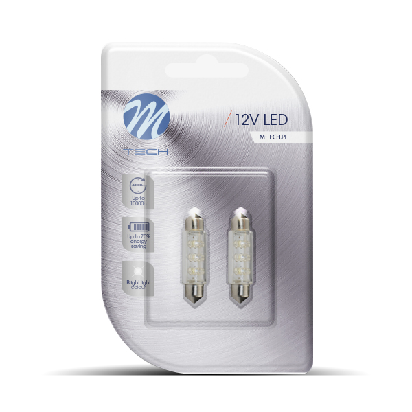 ZAROWKA LED 12V C5W 0.37W /RURKA/ SV8.5 (41MM) /BIALA/ 6X LED FLUX 3MM BLISTER 2- SZT LB046W M-TECH