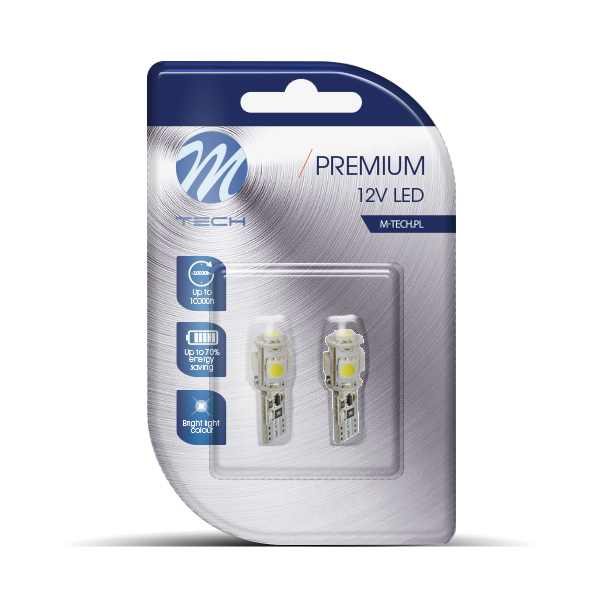 ZAROWKA LED 12V W5W 1.2W W2.1X9.5D /CALOSZKLANA/ /BIALA/ 5X LED SMD5050 CANBUS BLISTE LB321W M-TECH