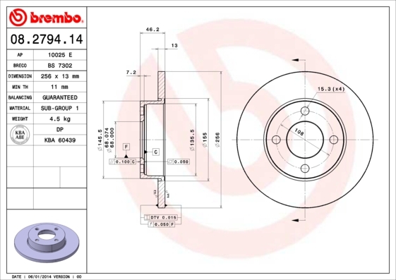 Tarcza hamulcowa 08.2794.14 BREMBO