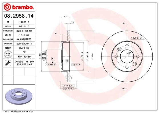 Tarcza hamulcowa 08.2958.14 BREMBO