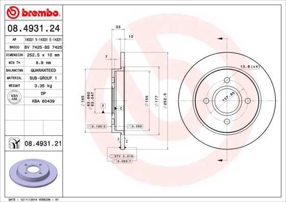 Tarcza hamulcowa, COATED DISC LINE 08.4931.21 BREMBO
