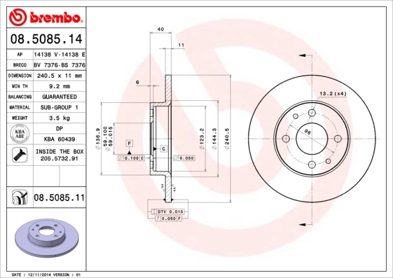 Tarcza hamulcowa 08.5085.14 BREMBO