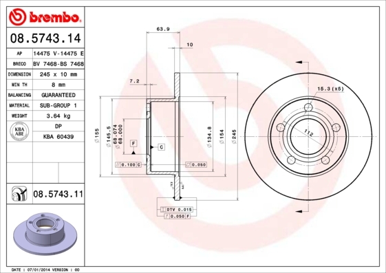 Tarcza hamulcowa, COATED DISC LINE 08.5743.11 BREMBO