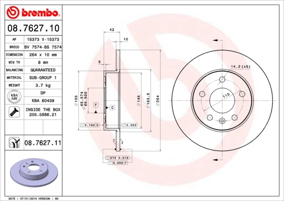 Tarcza hamulcowa, COATED DISC LINE 08.7627.11 BREMBO