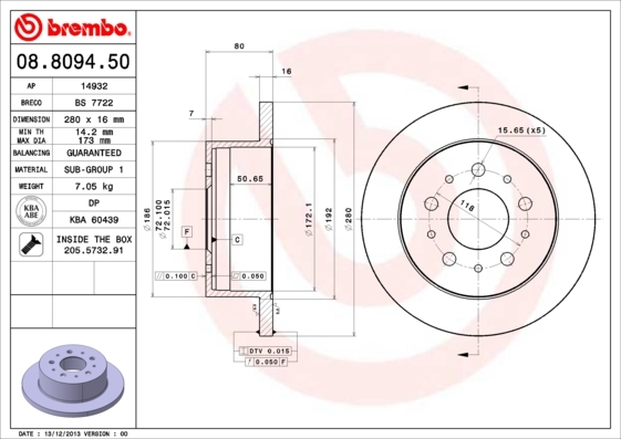 Tarcza hamulcowa 08.8094.50 BREMBO
