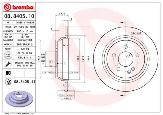 Tarcza hamulcowa, COATED DISC LINE 08.8405.11 BREMBO