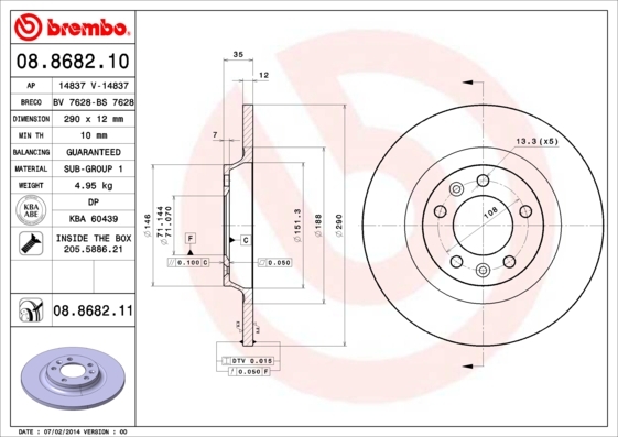 Tarcza hamulcowa, COATED DISC LINE 08.8682.11 BREMBO