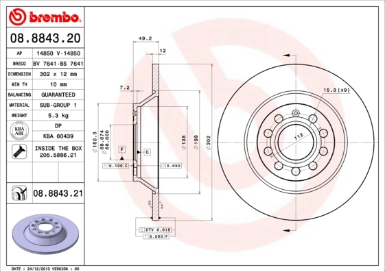 Tarcza hamulcowa, COATED DISC LINE 08.8843.21 BREMBO