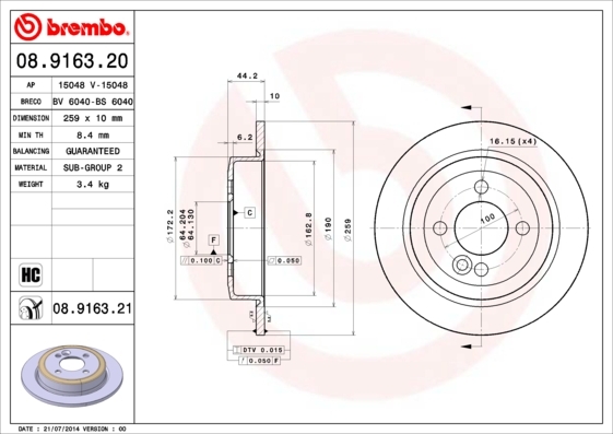Tarcza hamulcowa, COATED DISC LINE 08.9163.21 BREMBO