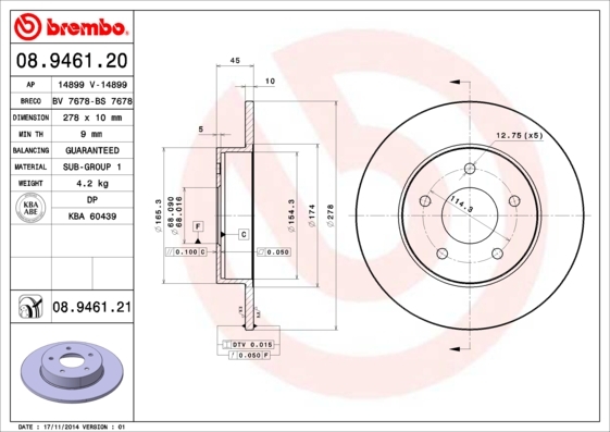 Tarcza hamulcowa, COATED DISC LINE 08.9461.21 BREMBO