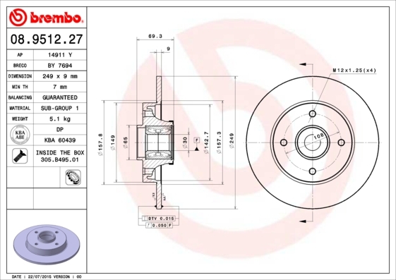 Tarcza hamulcowa, BEARING DISC LINE 08.9512.27 BREMBO