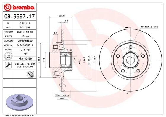 Tarcza hamulcowa, BEARING DISC LINE 08.9597.17 BREMBO