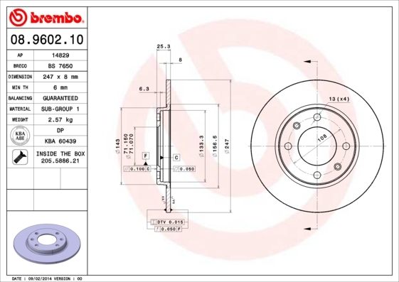 Tarcza hamulcowa 08.9602.10 BREMBO