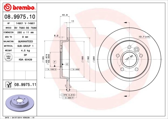 Tarcza hamulcowa, COATED DISC LINE 08.9975.11 BREMBO