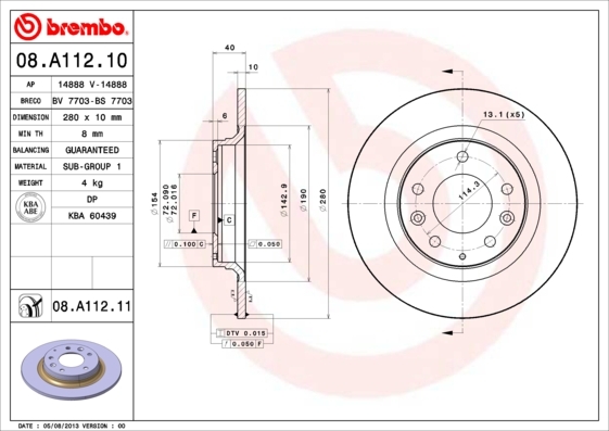 Tarcza hamulcowa, COATED DISC LINE 08.A112.11 BREMBO
