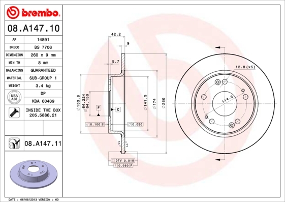 Tarcza hamulcowa, COATED DISC LINE 08.A147.11 BREMBO
