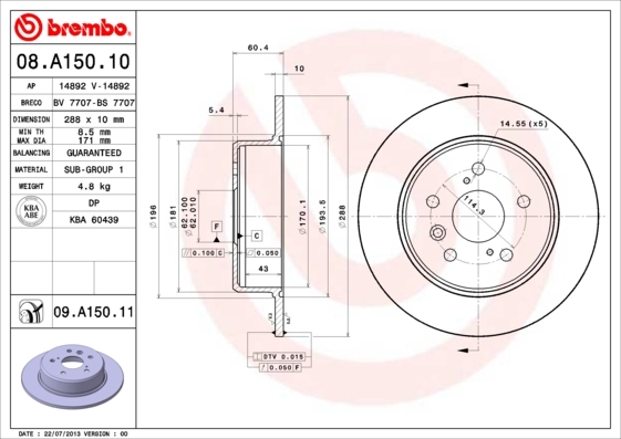 Tarcza hamulcowa, COATED DISC LINE 08.A150.11 BREMBO