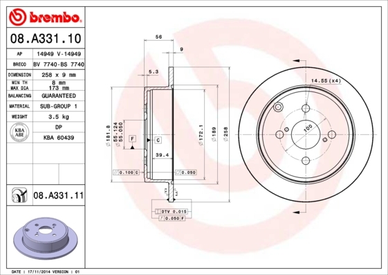 Tarcza hamulcowa, COATED DISC LINE 08.A331.11 BREMBO