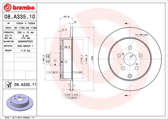 Tarcza hamulcowa, COATED DISC LINE 08.A335.11 BREMBO