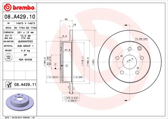 Tarcza hamulcowa, COATED DISC LINE 08.A429.11 BREMBO