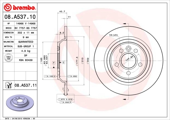 Tarcza hamulcowa, COATED DISC LINE 08.A537.11 BREMBO