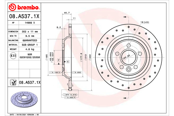 Tarcza hamulcowa, BREMBO Xtra, Nawiercana, tył ; L/P, śr. zew. 302 mm, gr. 11 mm,  08.A537.1X BREMBO