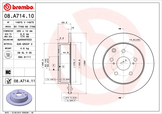Tarcza hamulcowa, COATED DISC LINE 08.A714.11 BREMBO