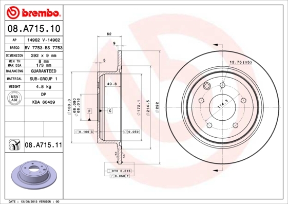 Tarcza hamulcowa, COATED DISC LINE 08.A715.11 BREMBO