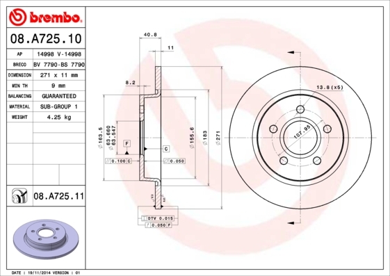 Tarcza hamulcowa 08.A725.10 BREMBO