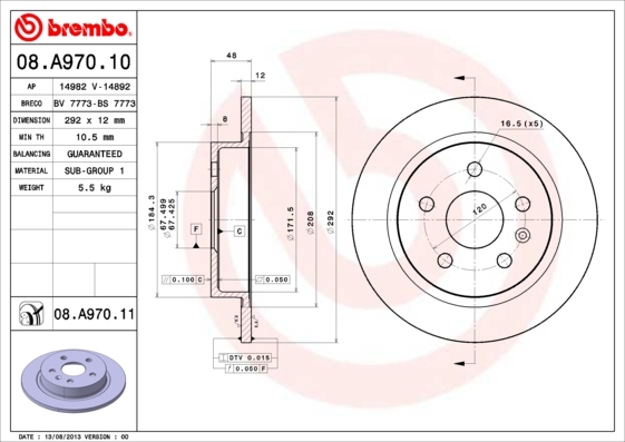 Tarcza hamulcowa, COATED DISC LINE 08.A970.11 BREMBO