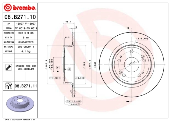 Tarcza hamulcowa, COATED DISC LINE 08.B271.11 BREMBO