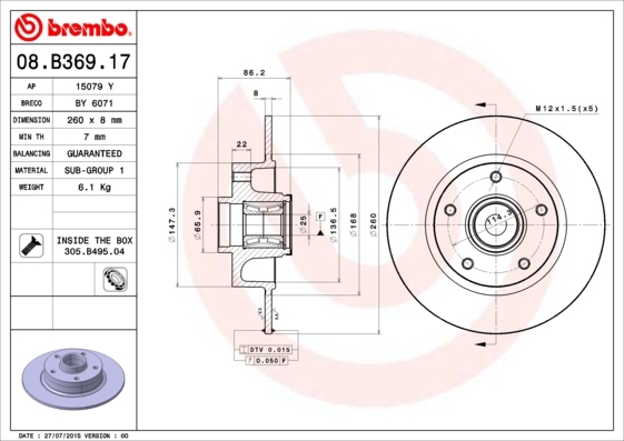 Tarcza hamulcowa, BEARING DISC LINE 08.B369.17 BREMBO