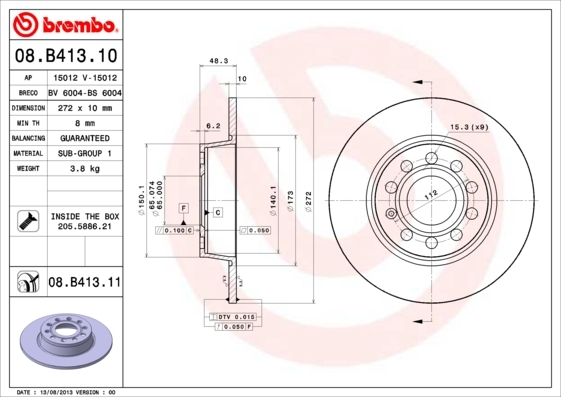Tarcza hamulcowa, COATED DISC LINE 08.B413.11 BREMBO