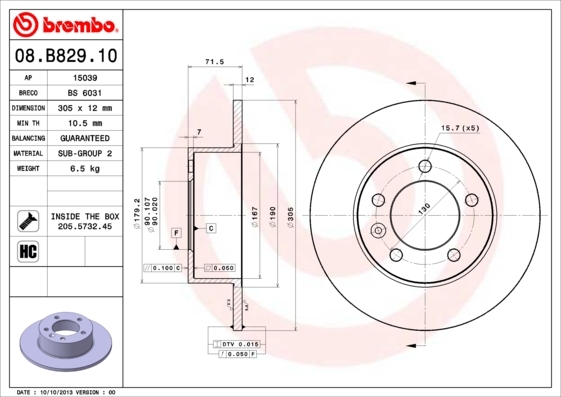 Tarcza hamulcowa 08.B829.10 BREMBO