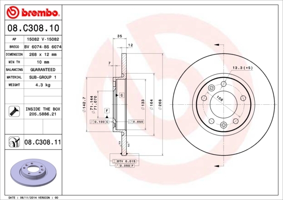 Tarcza hamulcowa, COATED DISC LINE 08.C308.11 BREMBO