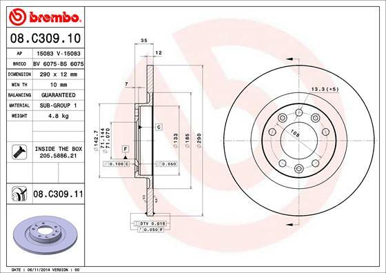 Tarcza hamulcowa, COATED DISC LINE 08.C309.11 BREMBO
