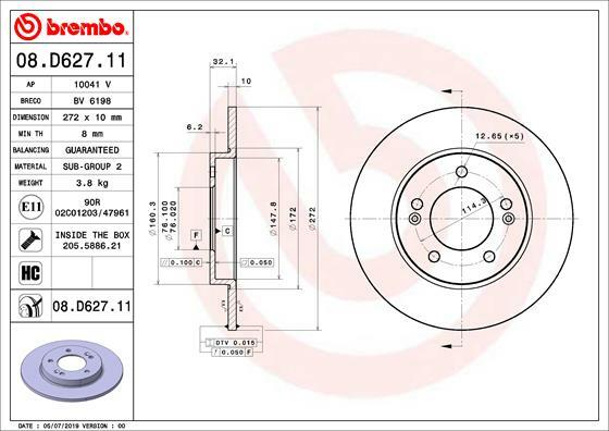 Tarcza hamulcowa, COATED DISC LINE 08.D627.11 BREMBO