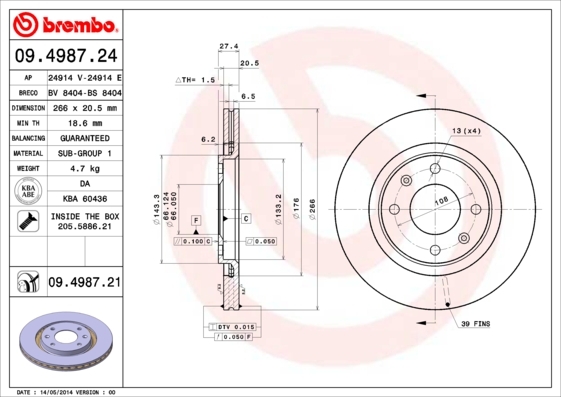 Tarcza hamulcowa, COATED DISC LINE 09.4987.21 BREMBO