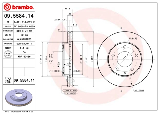 Tarcza hamulcowa, COATED DISC LINE 09.5584.11 BREMBO