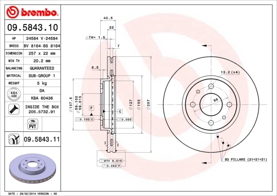 Tarcza hamulcowa, COATED DISC LINE 09.5843.11 BREMBO