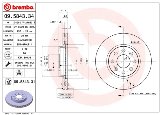 Tarcza hamulcowa, COATED DISC LINE 09.5843.31 BREMBO