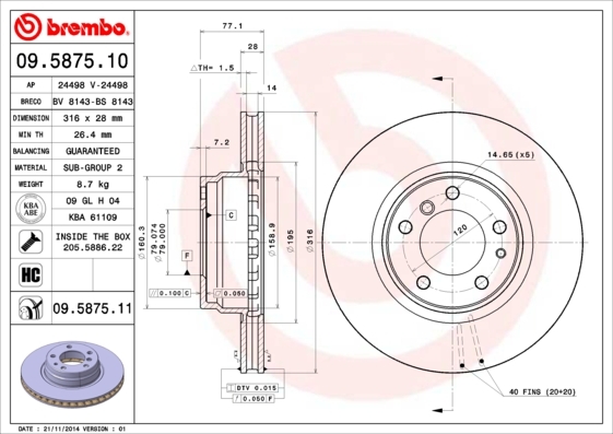 Tarcza hamulcowa, COATED DISC LINE 09.5875.11 BREMBO