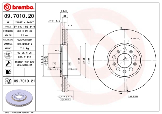 Tarcza hamulcowa, COATED DISC LINE 09.7010.21 BREMBO