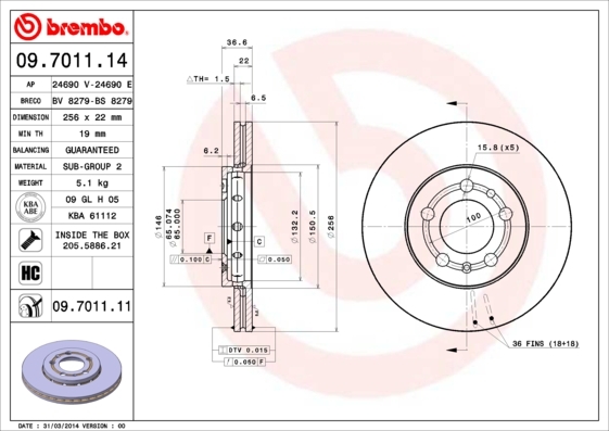 Tarcza hamulcowa, COATED DISC LINE 09.7011.11 BREMBO