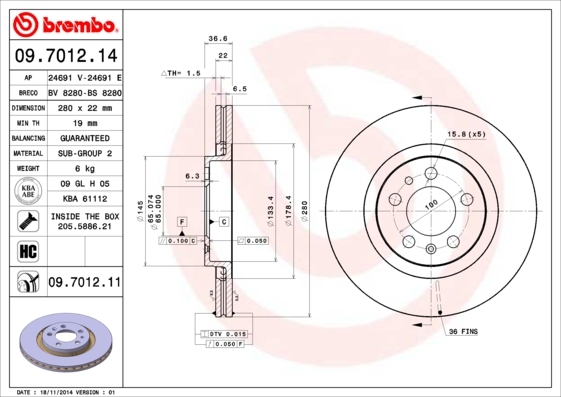 Tarcza hamulcowa 09.7012.14 BREMBO