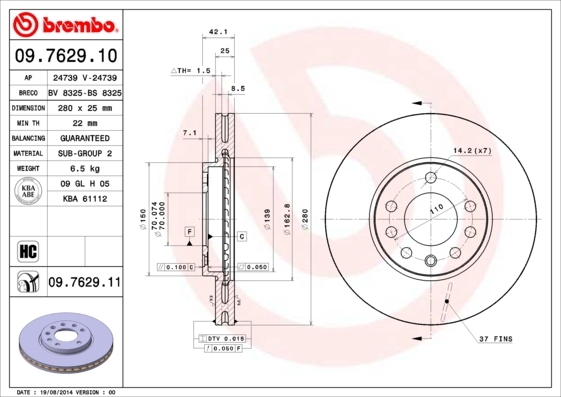 Tarcza hamulcowa, COATED DISC LINE 09.7629.11 BREMBO