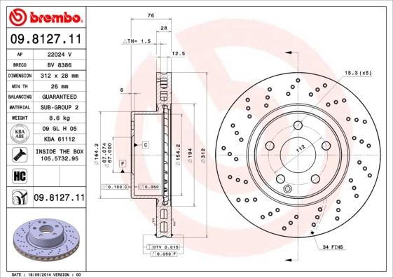 Tarcza hamulcowa, COATED DISC LINE 09.8127.11 BREMBO