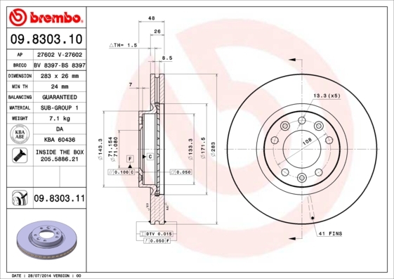 Tarcza hamulcowa, COATED DISC LINE 09.8303.11 BREMBO