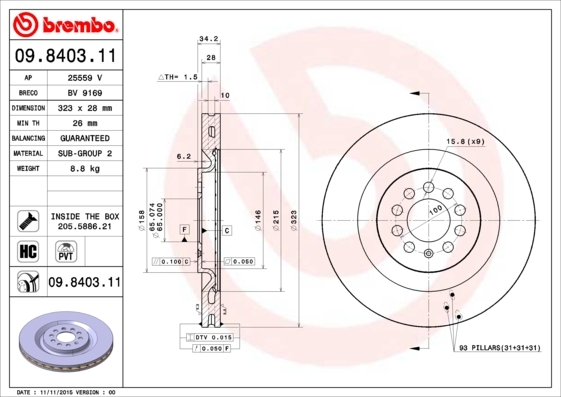 Tarcza hamulcowa, COATED DISC LINE 09.8403.11 BREMBO