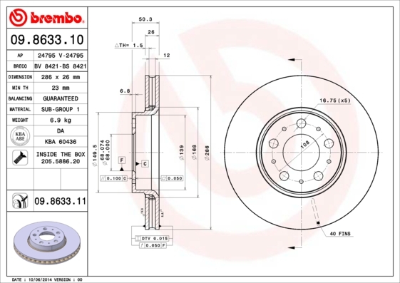 Tarcza hamulcowa, COATED DISC LINE 09.8633.11 BREMBO
